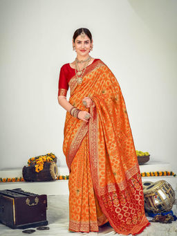 Odette - Traditional Orange Banarasi Silk Saree with Unstitched Blouse