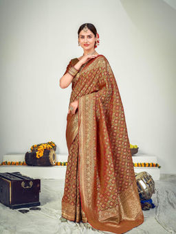 Odette - Traditional Rust brown Banarasi Silk Saree with Unstitched Blouse