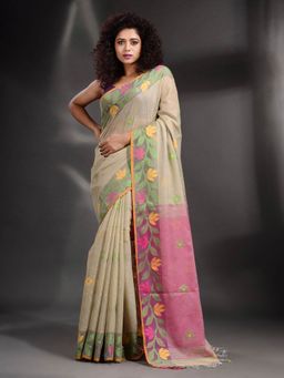 Arhi - Beige Tissue Handwoven Soft Saree with Unstitched Blouse