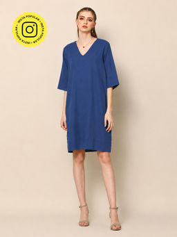 Saltpetre - Women Tencel Solid V-Neck Navy Blue Sack Dress