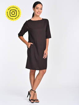 Saltpetre - Women Tencel Solid Coffee Brown Boat Neck Dress