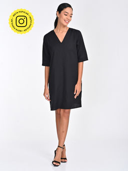 Saltpetre - Women Solid Tencel Black Knee Length Dress