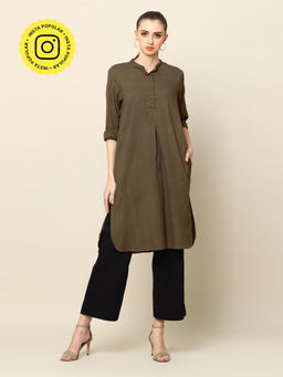 Saltpetre - Women Olive Pleated Tunic with Black Wide Leg Pant 3 Piece Set (Set of 2)