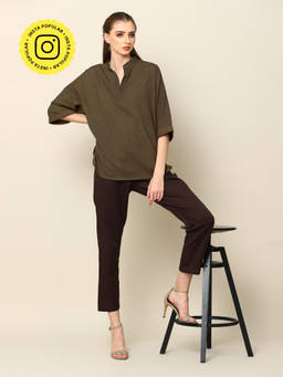 Saltpetre - Women Olive Mandarin Collar Top with Coffee Brown Leg Pant 2 Piece Set (Set of 2)