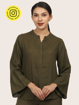 Saltpetre - Women Olive Mandarin Neck Bell Sleeve Tunic