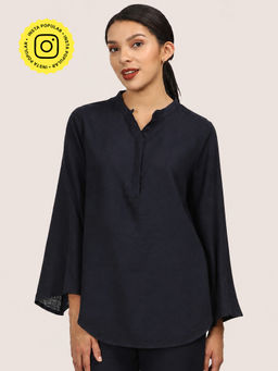 Saltpetre - Women Navy Blue Mandarin Neck Bell Sleeve Tunic