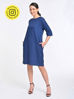 Saltpetre - Women Solid Navy Blue Boat Neck Knee Length Dress