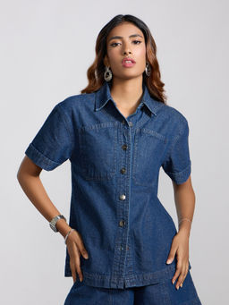 MIXT by Nykaa Fashion - Dark Blue Solid Short Sleeves Button Down Denim Shirt