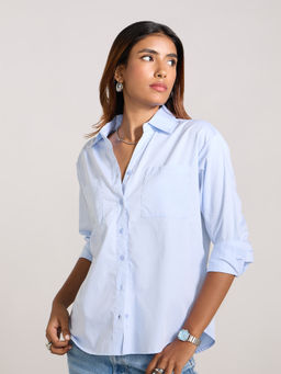 MIXT by Nykaa Fashion - Light Blue And White Polka Printed Full Sleeves Shirt