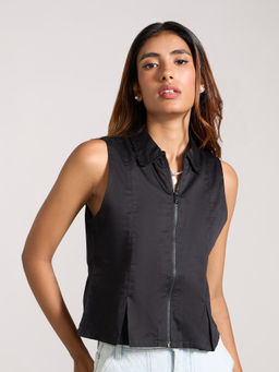 MIXT by Nykaa Fashion - Black Solid Zip Down Sleeveless Shirt