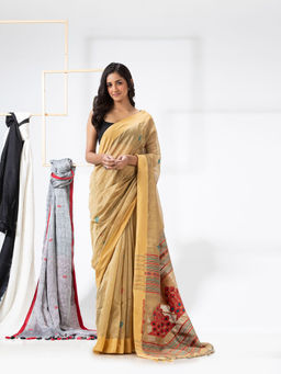 Angoshobha - Light Gold Cotton Blended Festive Jamdani Saree with Unstitched Blouse
