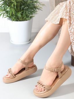 Carlton London - Women Round Toe Buckle Beige Sandals