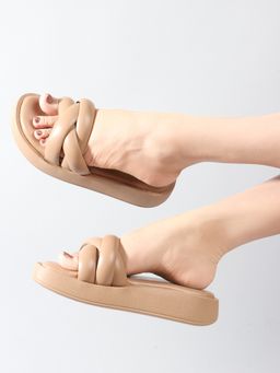 Carlton London - Women Round Toe Slip On Beige Sandals