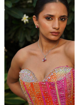Anoree - Crimson Bloom Mosaic Pink Pendant with Chain and Earrings