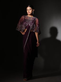 Sindh Fashion - Purple Lycra Handwork Saree With Stitched Blouse And Jacket