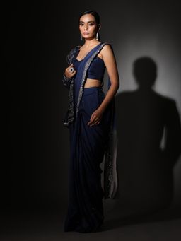 Sindh Fashion - Navy Blue Semi Georgette Embroidered Saree with Stitched Blouse and Jacket