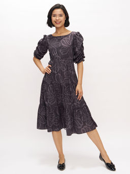 Aask - Womens Grey Printed Delta Crush Fit And Flare Calf Length Dress