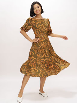Aask - Womens Olive Printed Delta Crush Fit And Flare Calf Length Dress