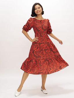 Aask - Womens Brown Printed Delta Crush Fit And Flare Calf Length Dress