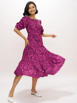 Aask - Womens Pink Purple Printed Delta Crush Fit And Flare Calf Length Dress