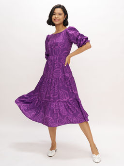 Aask - Womens Lavender Purple Printed Delta Crush Fit And Flare Calf Length Dress