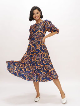 Aask - Womens Yellow Printed Delta Crush Fit And Flare Calf Length Dress