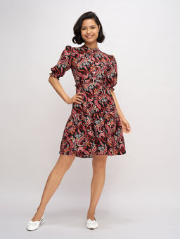 Aask - Womens Black Printed Delta Crush Fit And Flare Above Knee Dress with Belt (Set of 2)