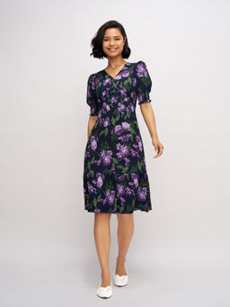 Aask - Womens Navy Blue Printed Delta Crush Fit And Flare Dress