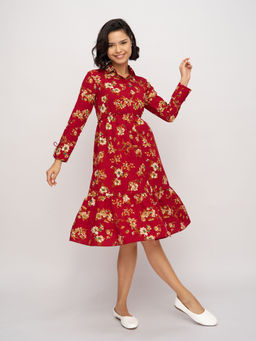 Aask - Womens Red Printed Delta Crush Shirt Knee Length Dress