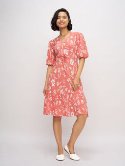 Aask - Womens Pink Printed Delta Crush Fit And Flare Knee Length Dress