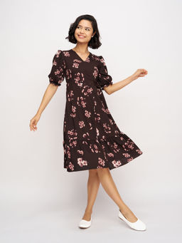 Aask - Womens Brown Printed Delta Crush Fit And Flare Midi Dress