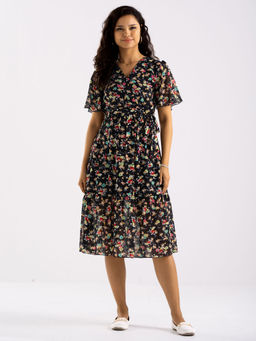 Aask - Womens Black Printed Crepe Fit And Flare Calf Length Dress with Belt (Set of 2)