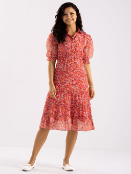 Aask - Womens Red Printed Crepe Fit And Flare Calf Length Dress