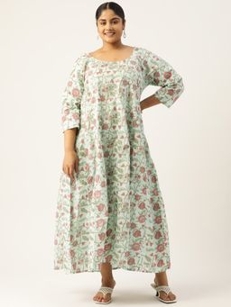 theRebelinme - Plus Size Womens Sea Green Floral Printed A-Line Maxi Dress