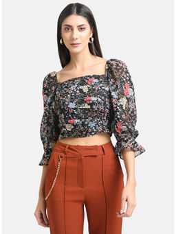Kazo - Black Ruched Printed Crop Top