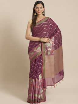 Indethnic - Banarasi Wine Woven Design Party Wear Saree With Unstitched Blouse