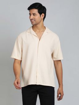 JadeBlue - Cream Self Design Slim Fit Shirt