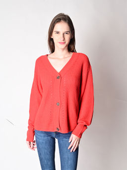 NOBARR - Womens Acrylic Full Sleeve V-neck Red Cardigan