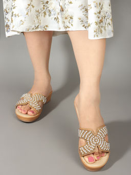 Carlton London - Tan Wedge Heel Embellished Women Casual Wear Sandals