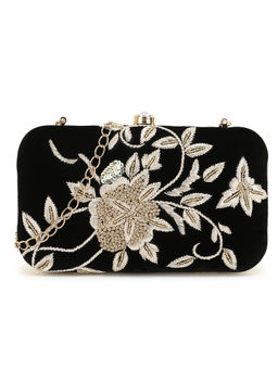 Anekaant - Adorn Black and Gold Floral Embellished Velvet Clutch