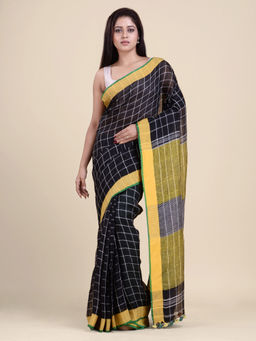 CHARUKRITI - Black Cream-Coloured Checked Pure Linen Saree with Unstitched Blouse