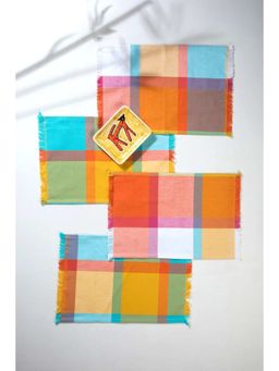 Freedom Tree - Modish Madras Woven Cotton Multicolored Table Mat-Set Of 4
