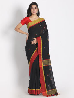 Angoshobha - Black Cotton Woven Saree with Unstitched Blouse