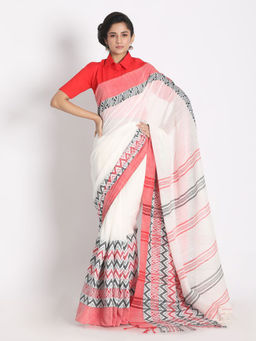 Angoshobha - White Cotton Woven Saree with Unstitched Blouse