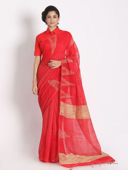 Angoshobha - Red Cotton Silk Stripes Handloom Saree with Unstitched Blouse