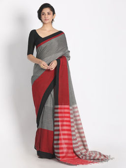Angoshobha - Grey Cotton Colorblock Handloom Saree with Unstitched Blouse