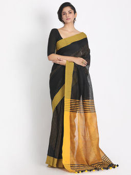 Angoshobha - Black Cotton Silk Stripes Handloom Saree with Unstitched Blouse