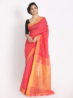 Angoshobha - Red Cotton Silk Stripes Handloom Saree with Unstitched Blouse