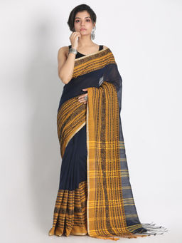 Angoshobha - Navy Blue Cotton Woven Saree with Unstitched Blouse