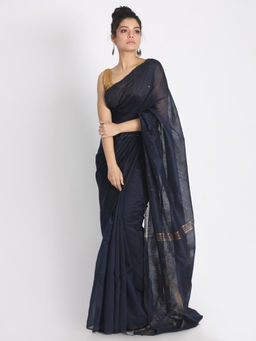 Angoshobha - Navy Blue Cotton Silk Woven Saree with Unstitched Blouse